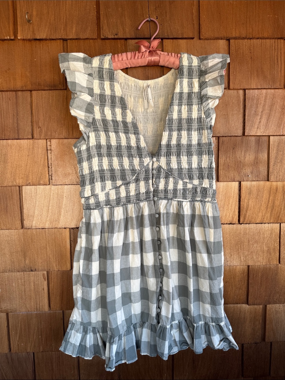 Anthropologie Grey and White Gingham Ruffle Dress